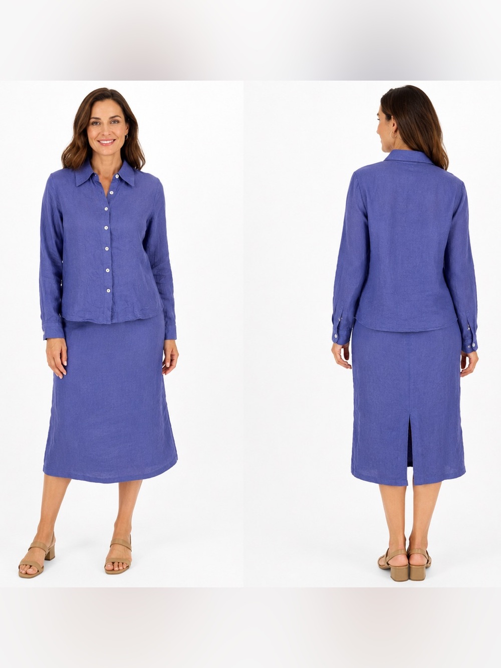 Coldwater Creek Plus 16 100% Linen Blue Skirt Suit Set Button Front midi skirt